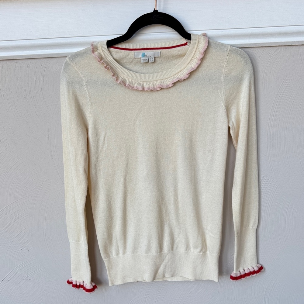 Boden Cream Long Sleeve Top with Pink and Red Accents